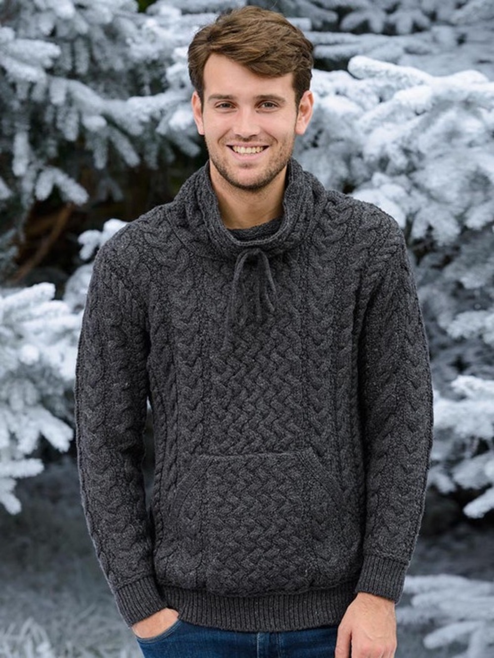 Aran Sweater Market Men's Cowl Neck Aran‎ Sweater Merino Wool Charcoal Small